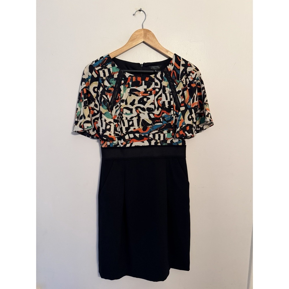Tahari Women's Abstract Black Sheath Dress Flutter Sleeves Career Art Size 4P